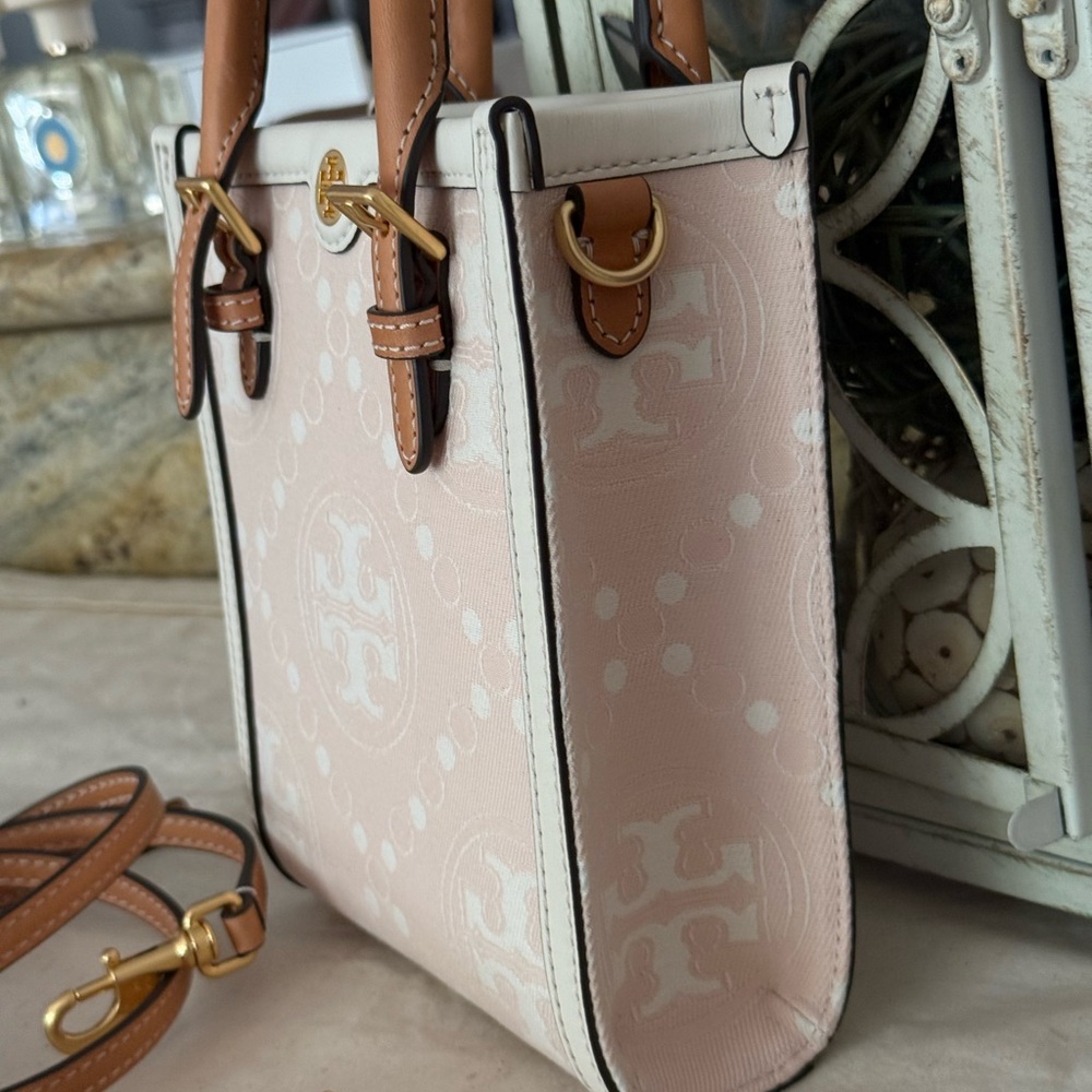 Tory Burch Mini T Monogram Perforated Leather Tote Crossbody, pale pink, NWT - Picture 2 of 11